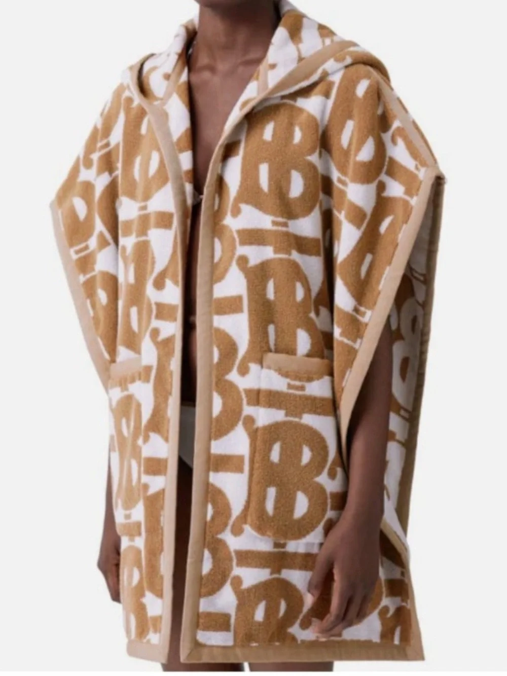 Burberry Beige and White Monogram Hooded Beach Towel Poncho